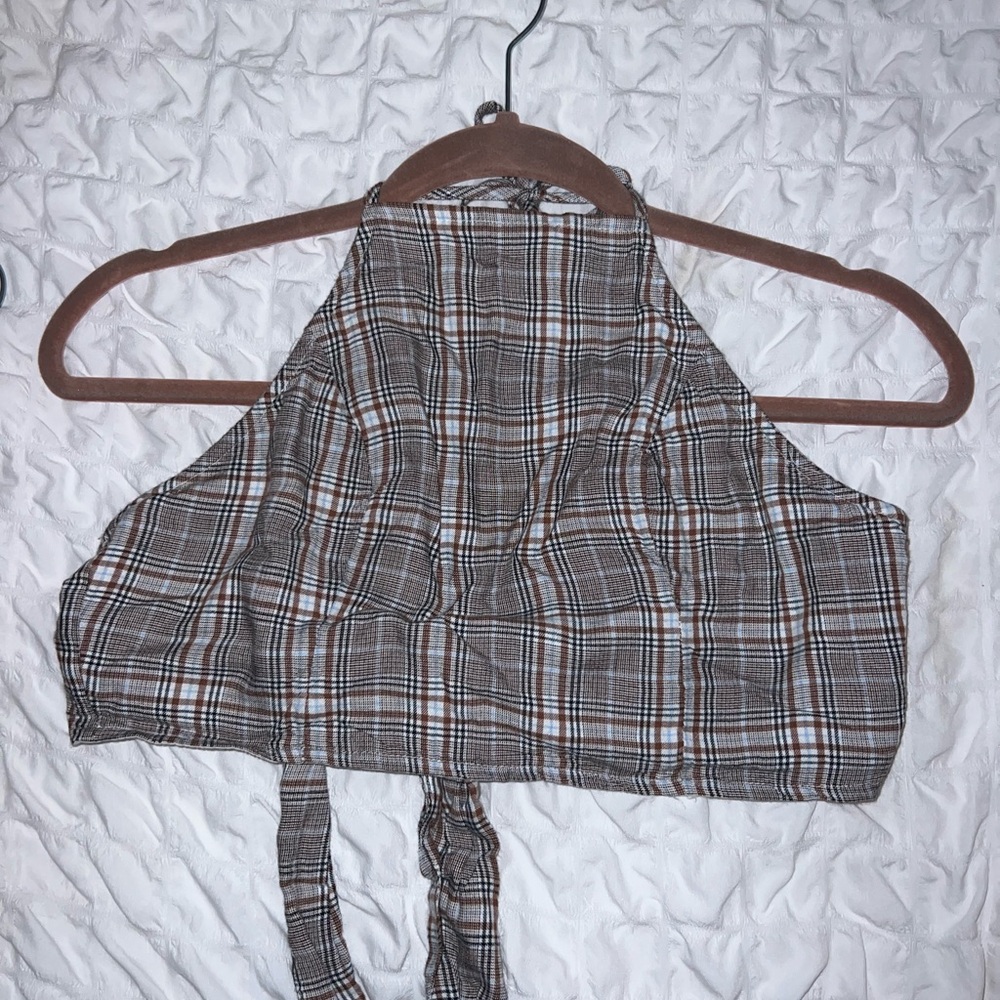 American Eagle Outfitters Brown and White Tie Front Crop Tank Top